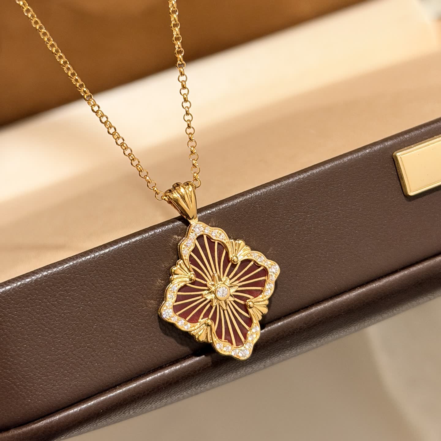 Van Cleef & Arpels Elegant Gold and Red Enamel Flower Pendant Necklace